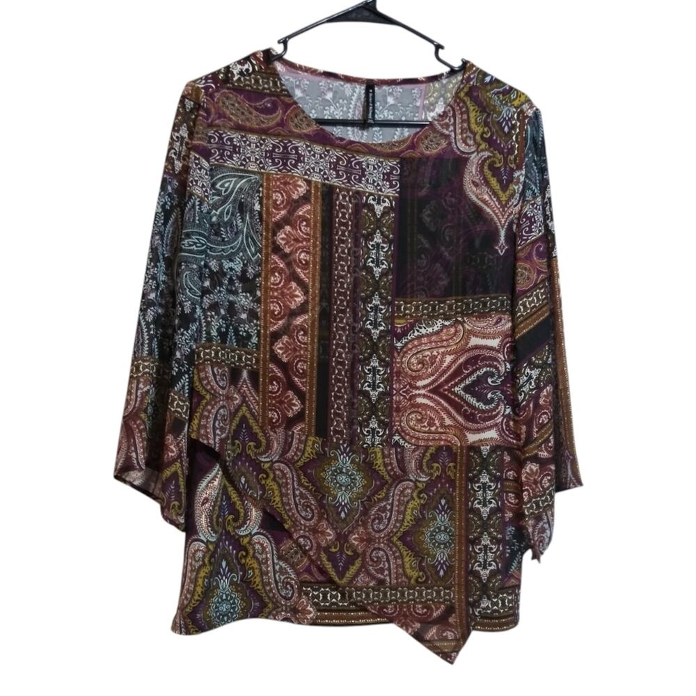 Bleeker & McDougal Paisley Patchwork Sheer Women's Boho Top Size M